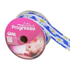Fita de Cetim EGP 009TR 38mm Cor 196 Margarida Azul e Branca Progresso (10 metros)