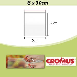 Saco PP Incolor Adesivado 6x30cm Cromus (100 unidades)