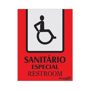 Placa Sanitário Especial Vermelho 20x15cm Português/Inglês Emplac (1 unidade)