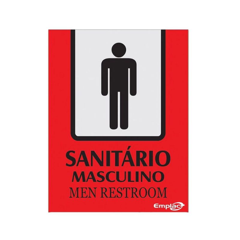Placa-Sanitario-Masculino-Vermelho-20x15cm-Portugues-Ingles-Emplac--1-unidade-