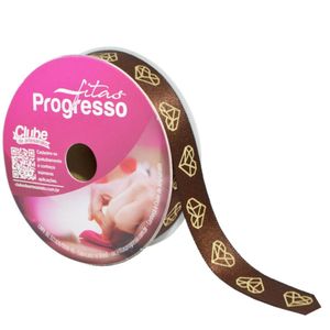 Fita de Cetim ECF 003H 15mm Cor 390 Coração Lapidado Marrom  Progresso (10 metros)