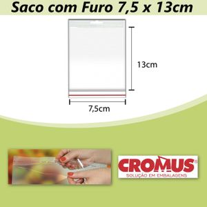 Saco PP Incolor Adesivado com Furo 7,5x13cm Cromus (100 unidades)