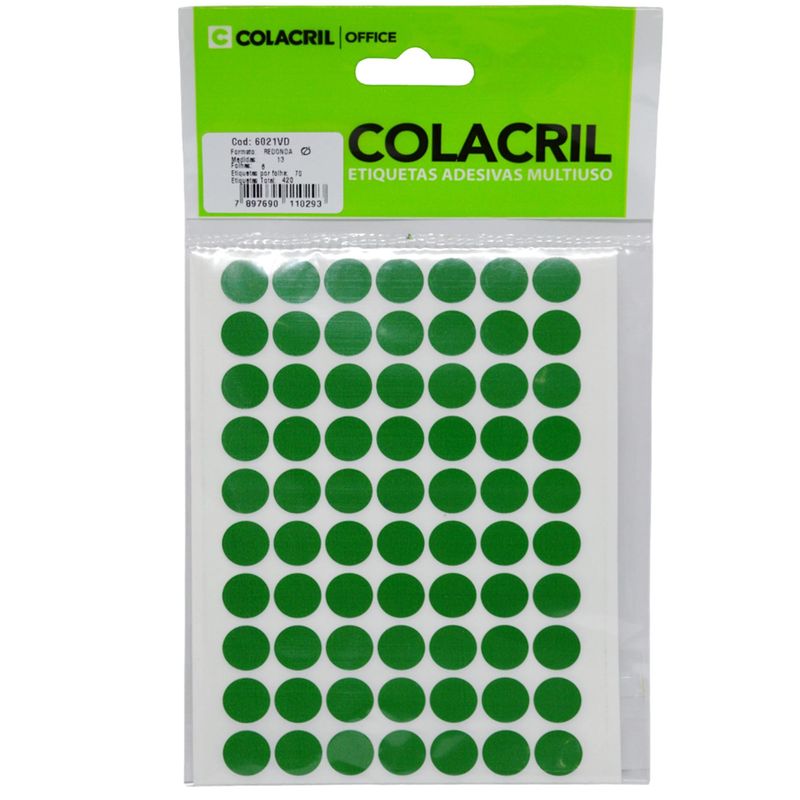 Etiquetas Adesivas Multiuso Redonda Verde 13mm Ref. 6021VD Colacril (420 etiquetas)