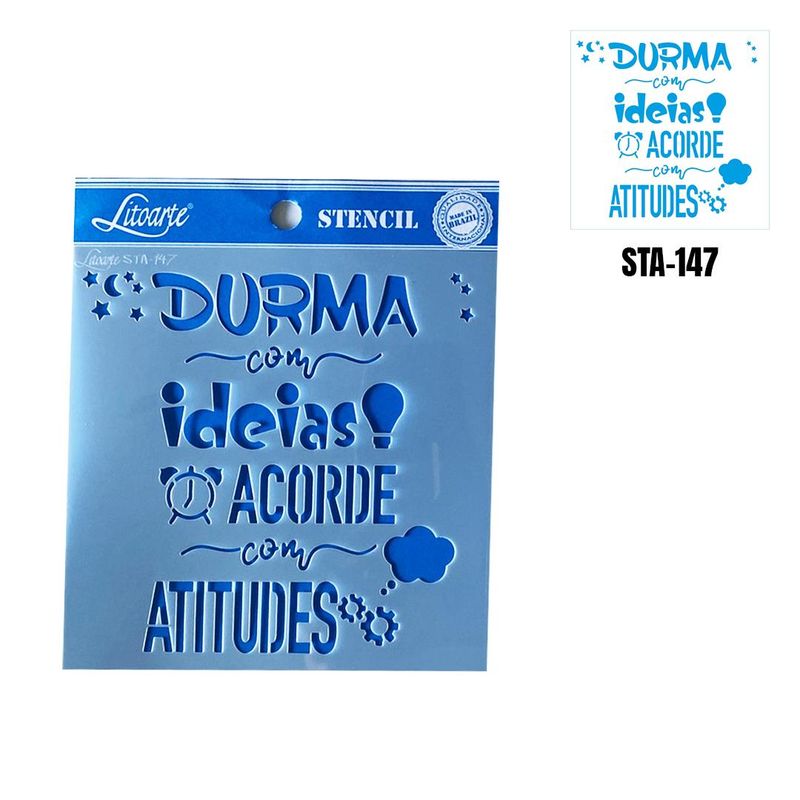 Stencil Simples de Acetato para Pintura 14x14cm Ref. STA-147 Frase Durma com Ideias Acorde com Atitudes Litoarte (01 Unidade)
