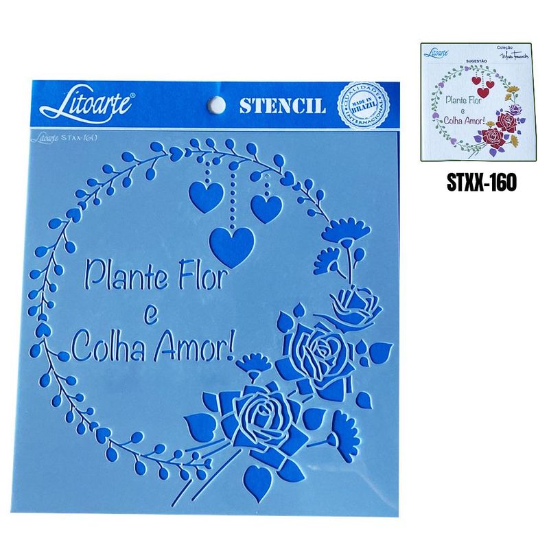 Stencil Simples de Acetato para Pintura 20x20cm Ref. STXX-160 Guirlanda de Rosas e Corações Litoarte (01 Unidade)