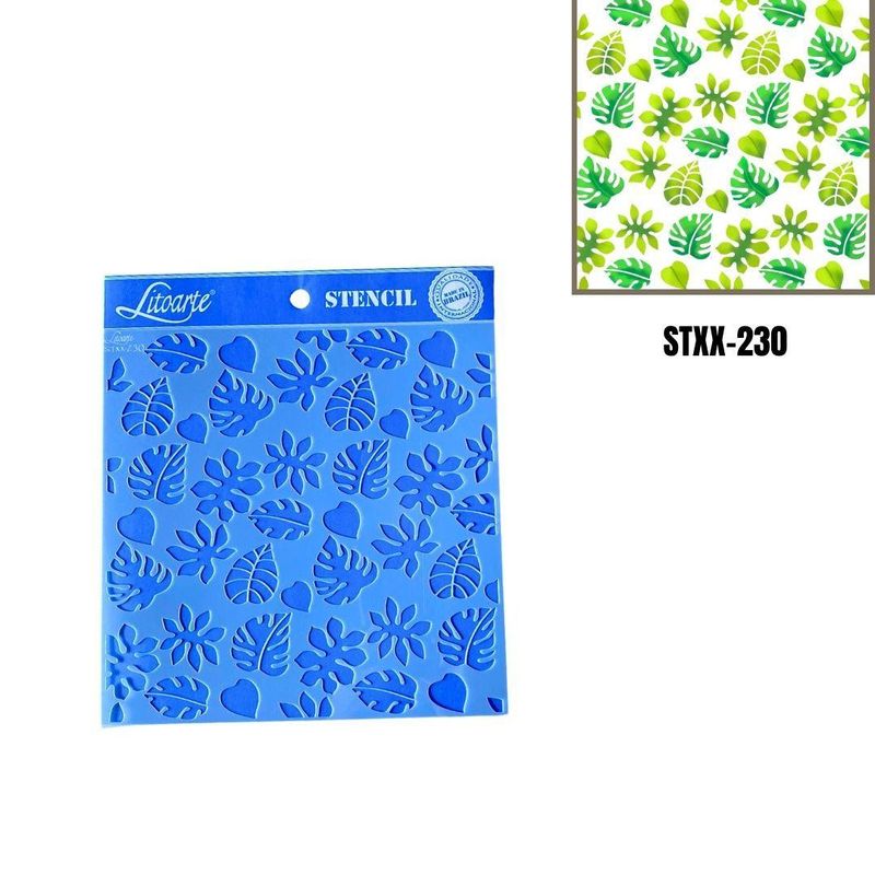 Stencil-Simples-de-Acetato-para-Pintura-20x20cm-Ref.-STXX-230-Folhas-Tropicais-II-Litoarte--01-Unidade-