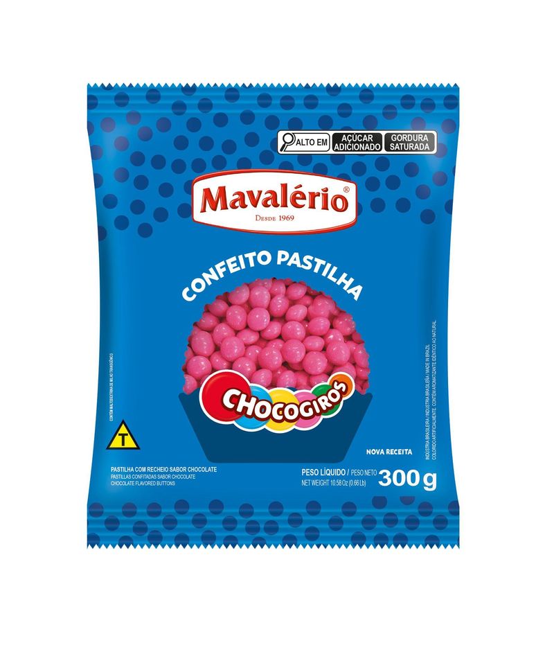 Mini Pastilhas Confeitadas Sabor Chocolate Rosa Chocogiros Mavalério (300 gramas)