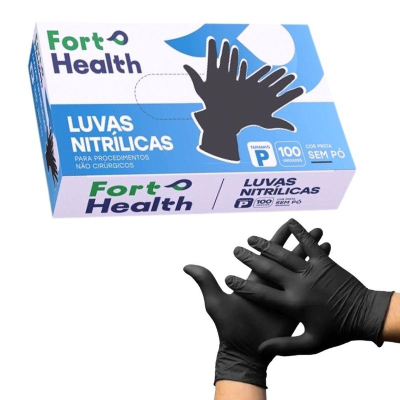Luvas-de-Seguranca-Nitrilica-Sem-Po-Tamanho-P-Cor-Preta-Fort-Health-Fort-Flex--100-unidades-