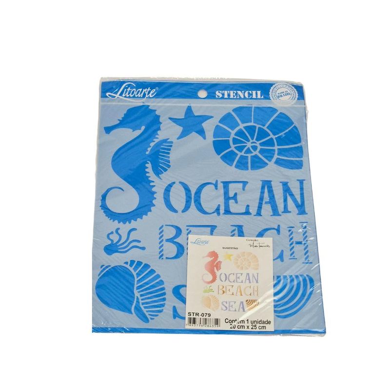 Stencil Simples de Acetato para Pintura 20x25cm Ref. STR-079 Cavalo Marinho e Conchas Litoarte (01 Unidade)