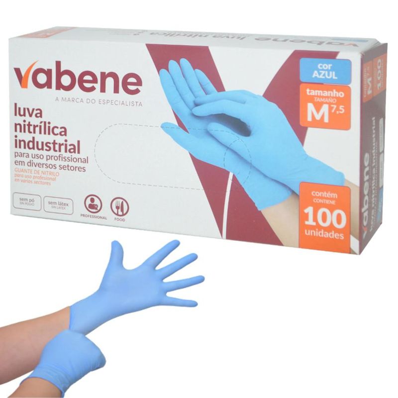 Luvas Industrial Nitrílica Sem Pó Tamanho M Cor Azul Ref. 3076 IND Vabene (100 unidades)