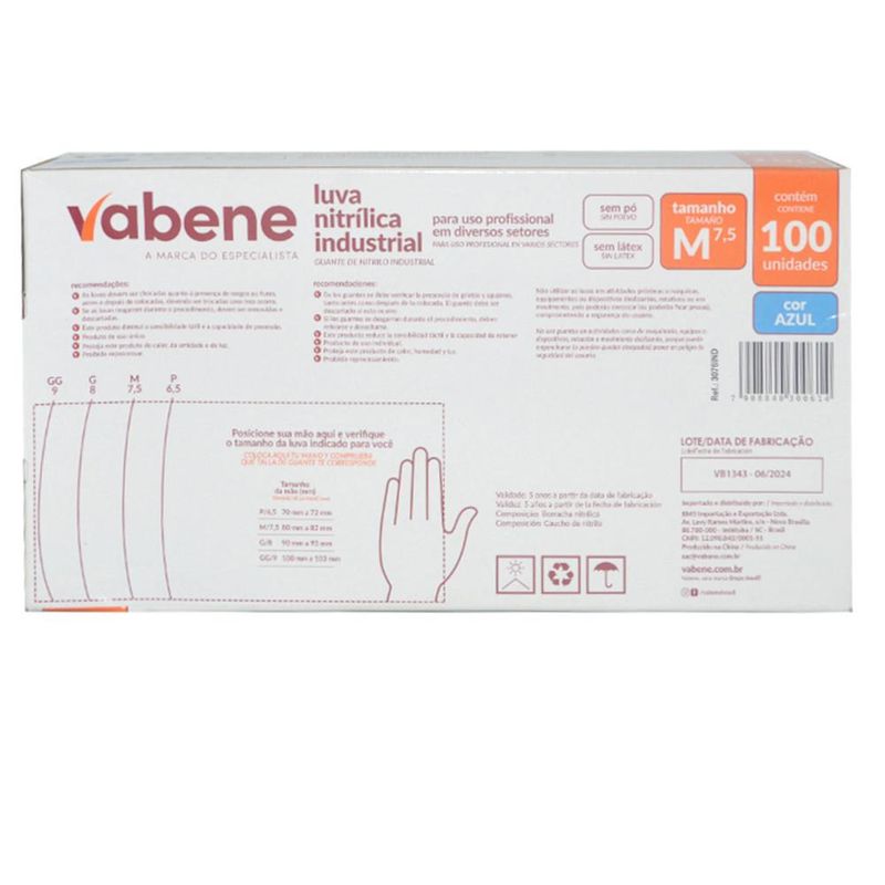 Luvas Industrial Nitrílica Sem Pó Tamanho M Cor Azul Ref. 3076 IND Vabene (100 unidades)