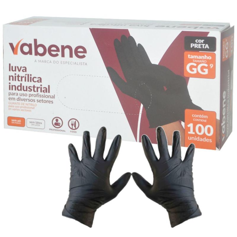 Luvas de Segurança Nitrílicas Industrial Sem Pó GG 9" Preta Ref. 3074 IND Vabene (100 unidades)