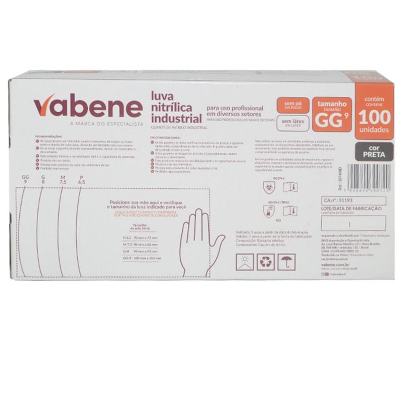 Luvas de Segurança Nitrílicas Industrial Sem Pó GG 9" Preta Ref. 3074 IND Vabene (100 unidades)