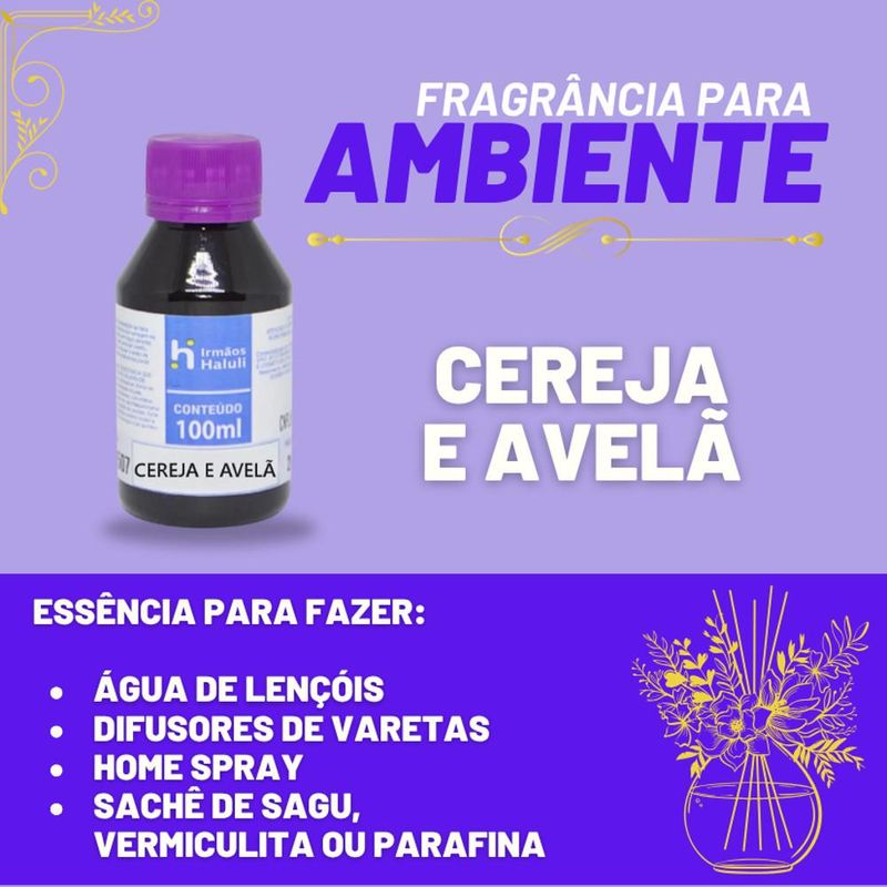 Essência Cereja e Avelã para Ambiente e Difusor Linha Lilás Irmãos Haluli (100ml)
