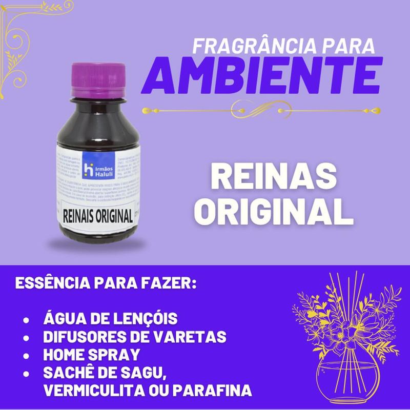 Essência Reinais Original para Ambiente e Difusor Linha Lilás Irmãos Haluli (100ml)