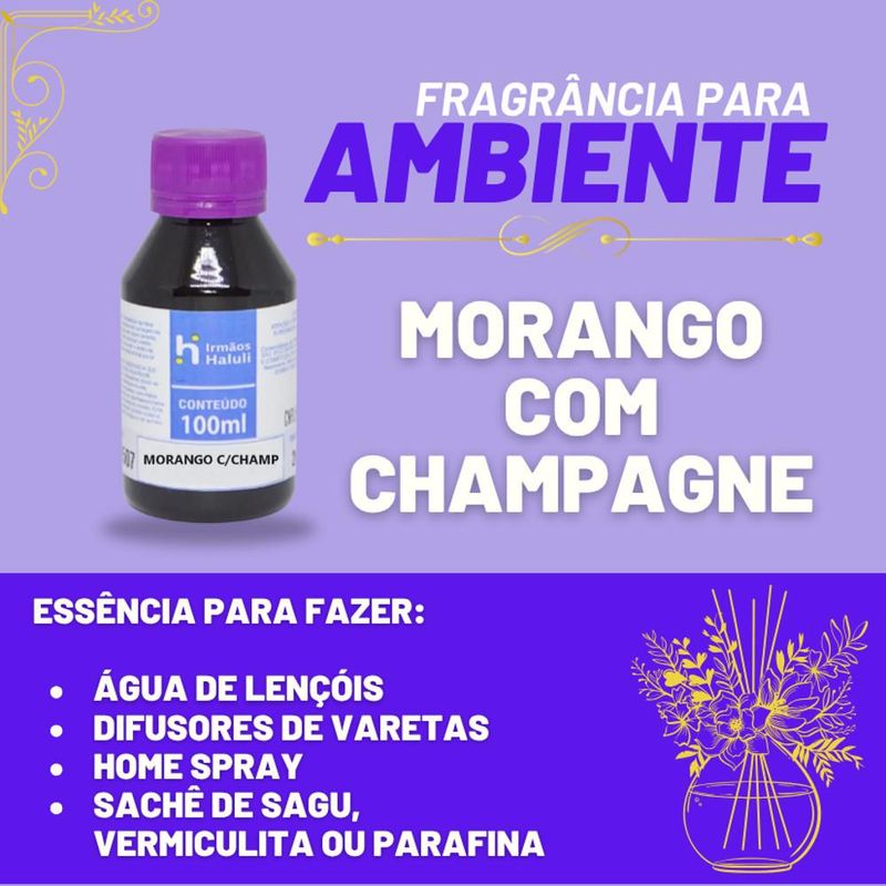 Essência Morango C/ Champagne para Ambiente e Difusor Linha Lilás Irmãos Haluli (100ml)