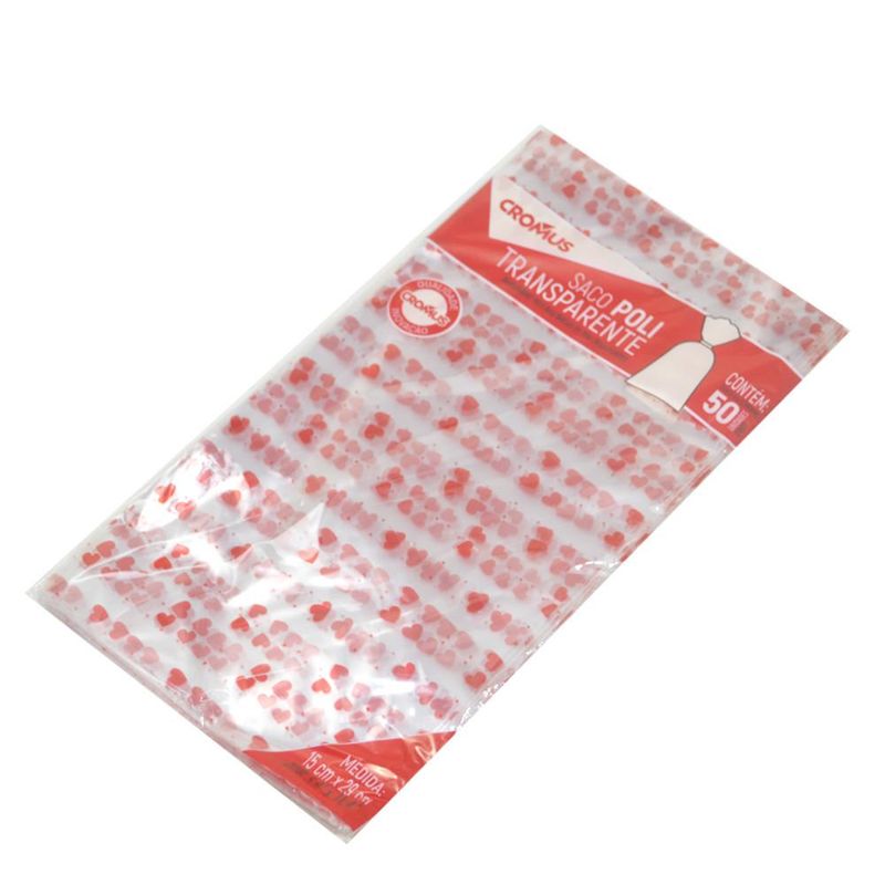 Saco de Polipropileno Transparente Coração 15x29cm Ref. 11300247 Cromus (50 unidades)