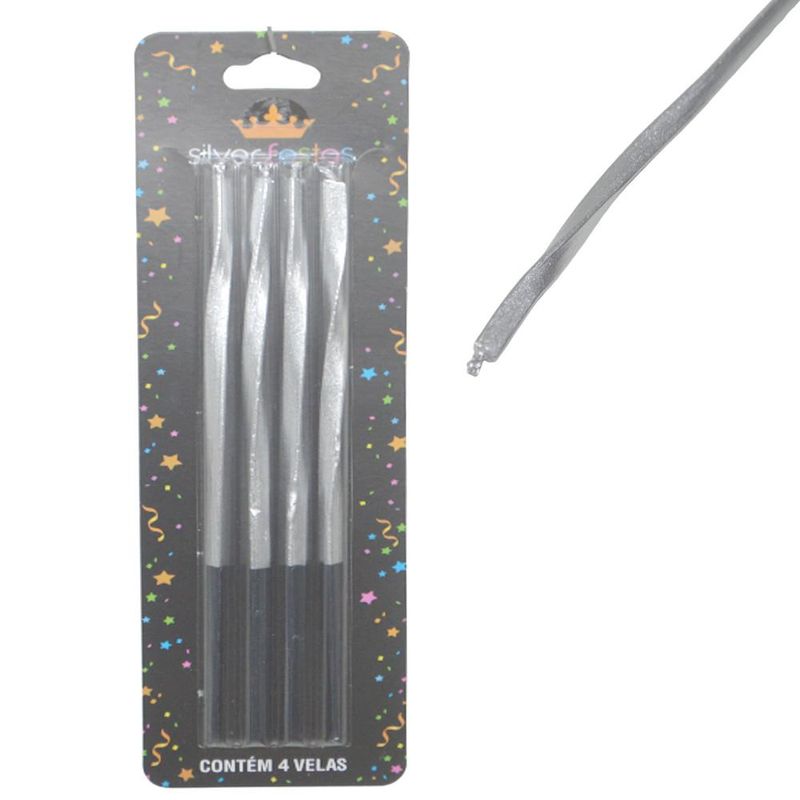 Vela Metalizada Torcida Prata Ref. V182 Silver Festas (04 Unidades)