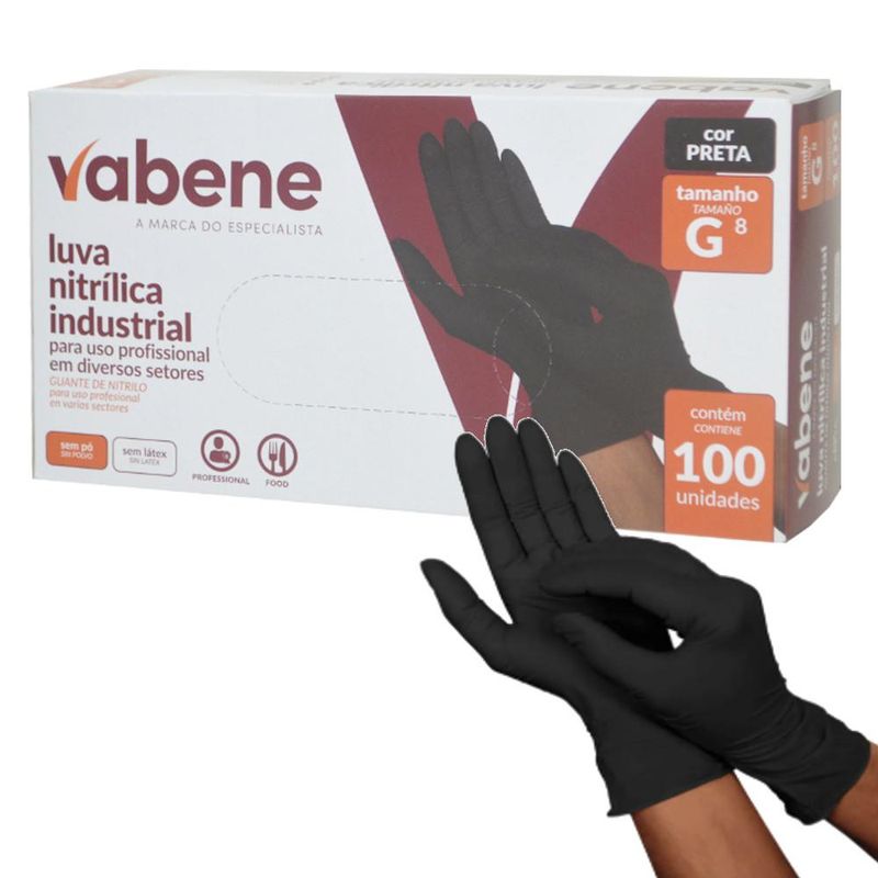 Luva de Segurança Nitrílica Industrial Sem Pó Tamanho G 8" Cor Preta Ref. 3073 Vabene (100 unidades)