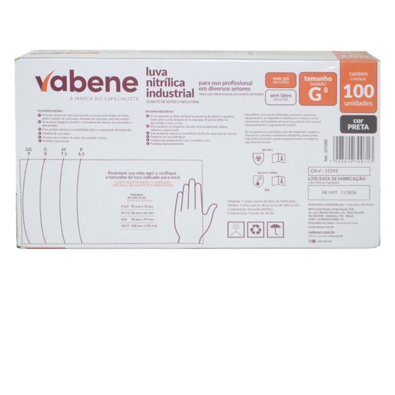 Luva de Segurança Nitrílica Industrial Sem Pó Tamanho G 8" Cor Preta Ref. 3073 Vabene (100 unidades)