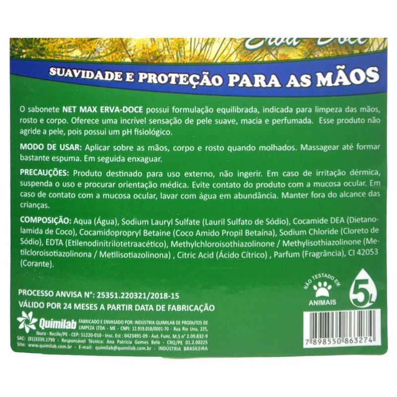 Sabonete Líquido para Mãos e Rosto Net Max Erva-Doce Musk Quimilab (1 litro)