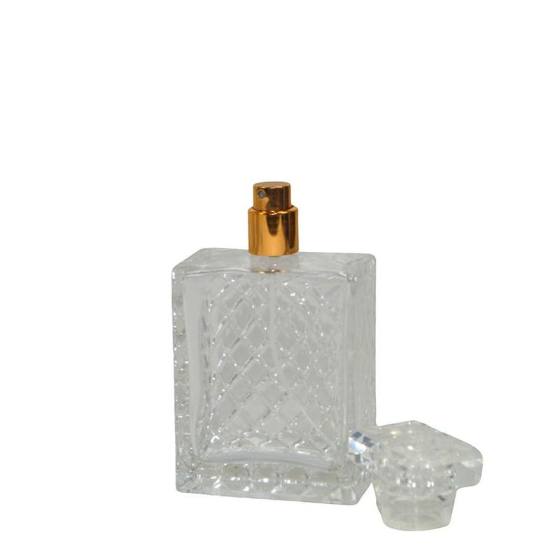 Frasco de Vidro Porta Perfume C/ Tampa Transparente e Válvula Spray Dourada 100ml (01 unidade)
