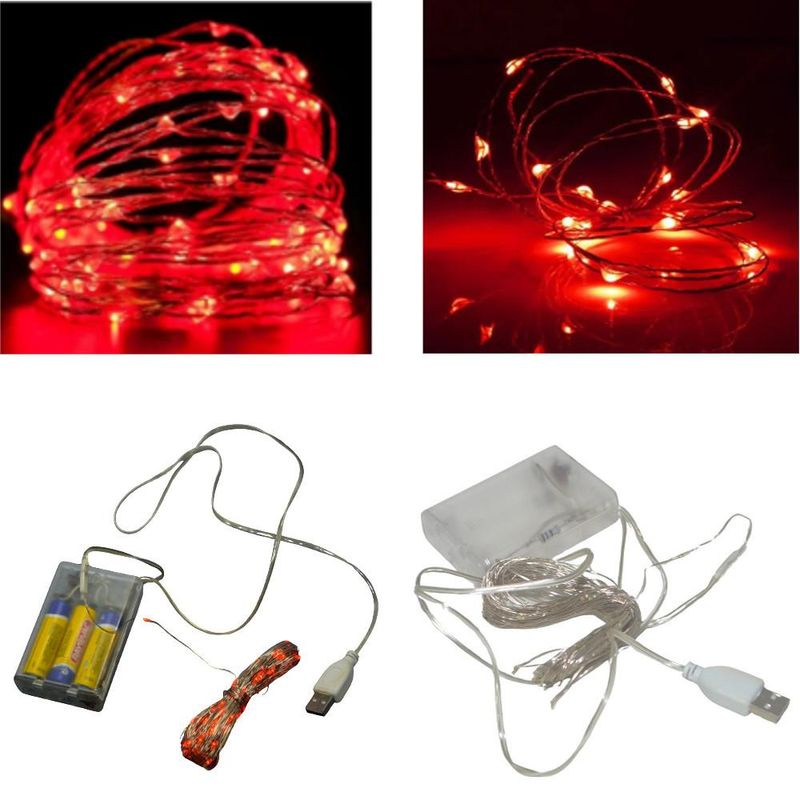 Cordão de Led Fio Fada 100 Leds Vermelho Pilha e USB (10 metros)