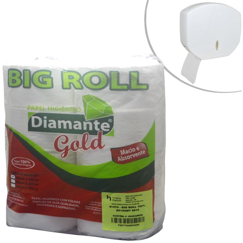 Papel Higiênico 100% Celulose Virgem Branco Big Roll 10cm x 150mts Diamante Gold (08 unidades)