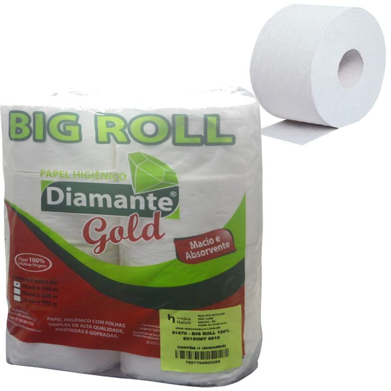 Papel Higiênico 100% Celulose Virgem Branco Big Roll 10cm x 150mts Diamante Gold (08 unidades)