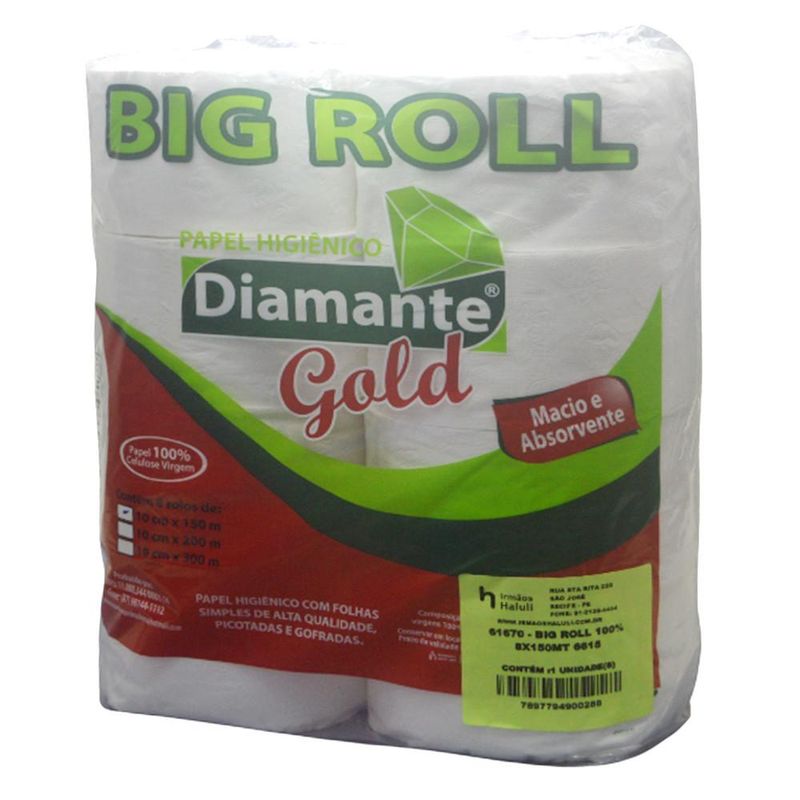 Papel Higiênico 100% Celulose Virgem Branco Big Roll 10cm x 150mts Diamante Gold (08 unidades)