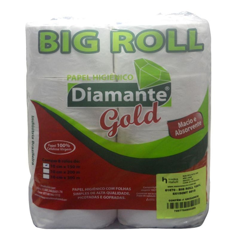 Papel Higiênico 100% Celulose Virgem Branco Big Roll 10cm x 150mts Diamante Gold (08 unidades)