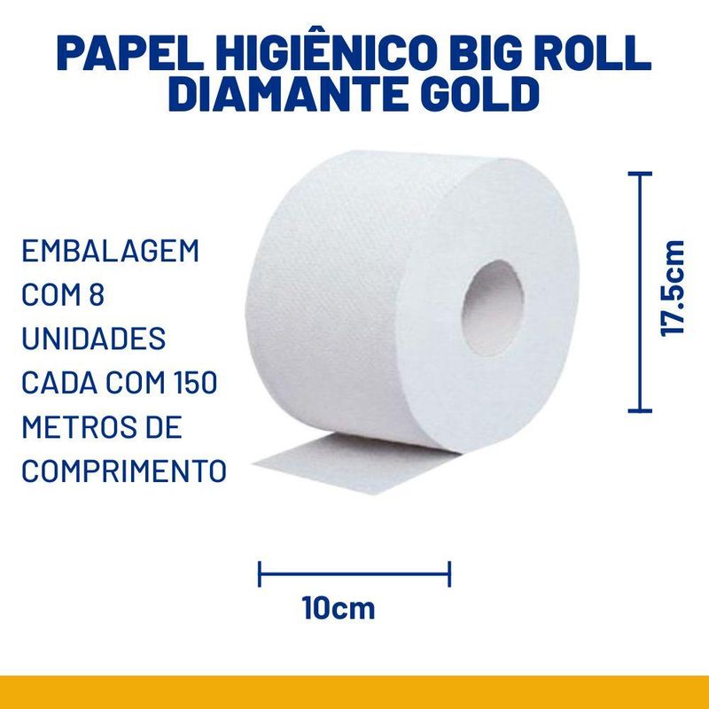 Papel Higiênico 100% Celulose Virgem Branco Big Roll 10cm x 150mts Diamante Gold (08 unidades)