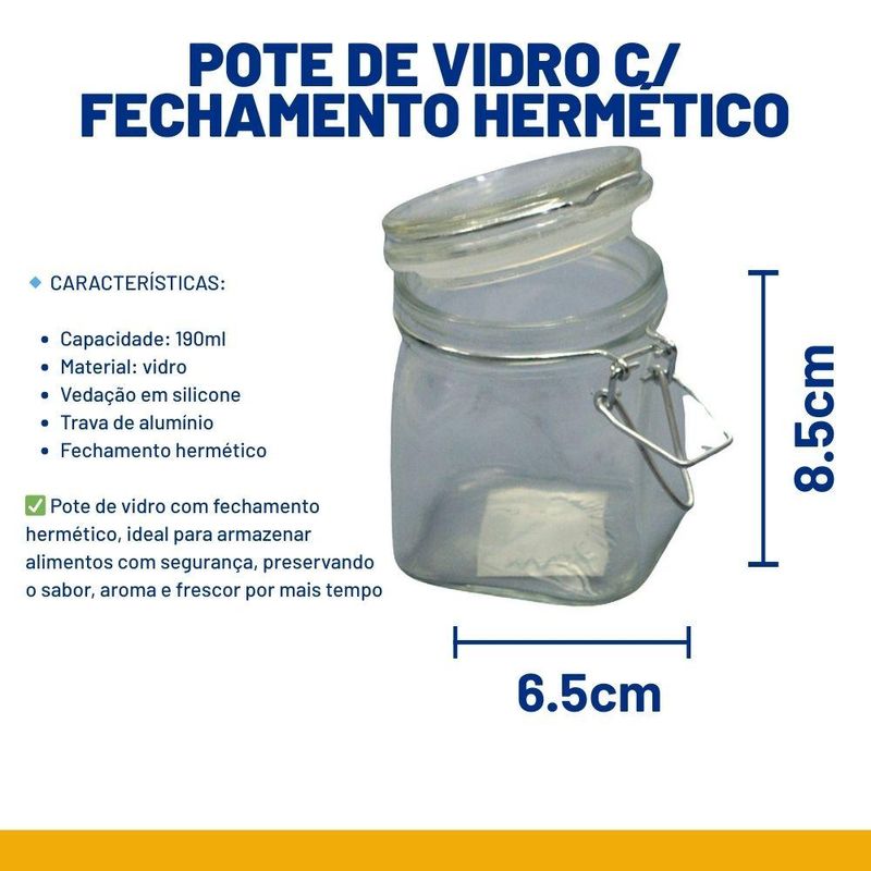 Pote de Vidro Fechamento Hermético C/ Trava P/ Biscoito 6.5x6.5x9cm 190ml PraCaza (01 unidade)