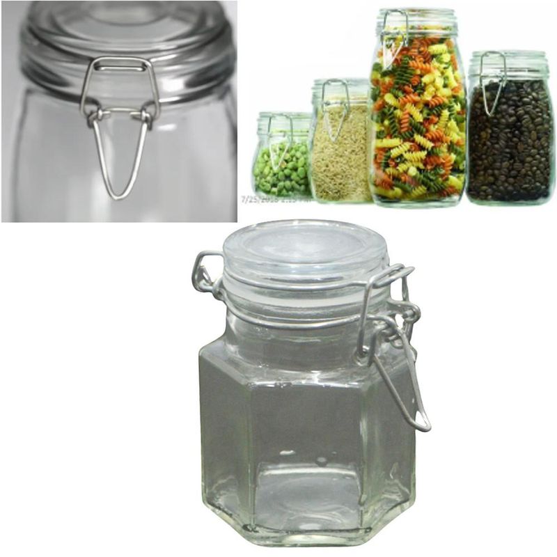 Pote de Vidro Fechamento Hermético Sextavado C/ Trava P/ Biscoito Ref. 083010 6x8cm 90ml PraCaza (01 unidade)