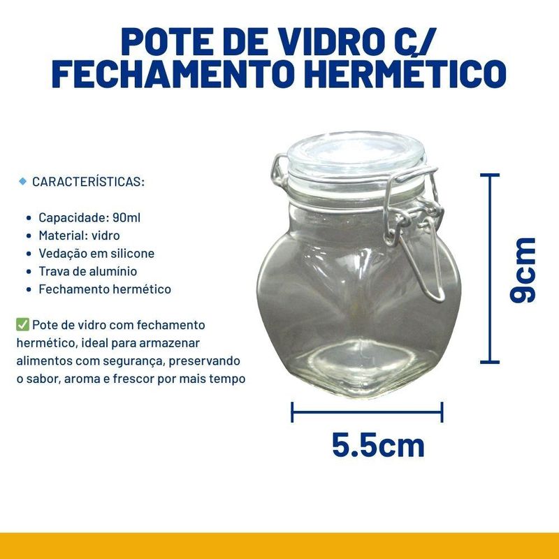 Pote de Vidro Fechamento Hermético C/ Trava P/ Biscoito Ref. 083012 5.5x9cm 90ml PraCaza (01 unidade)