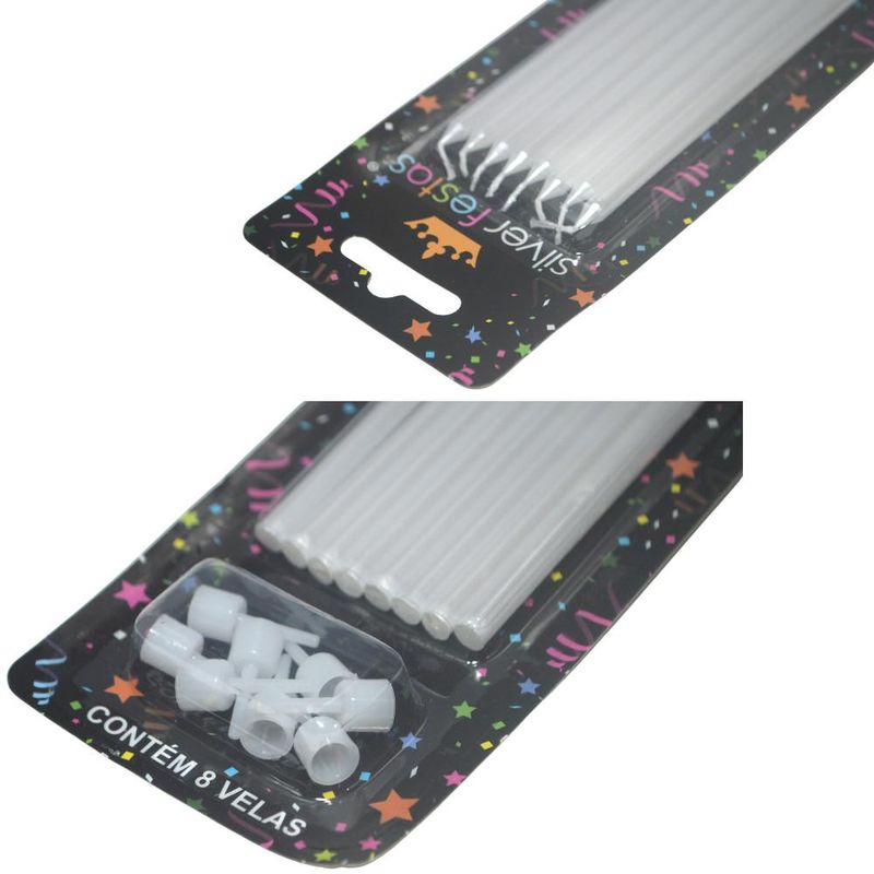 Vela Palito Gigante Metalizada Branca 17cm Silver Festas (08 unidades)