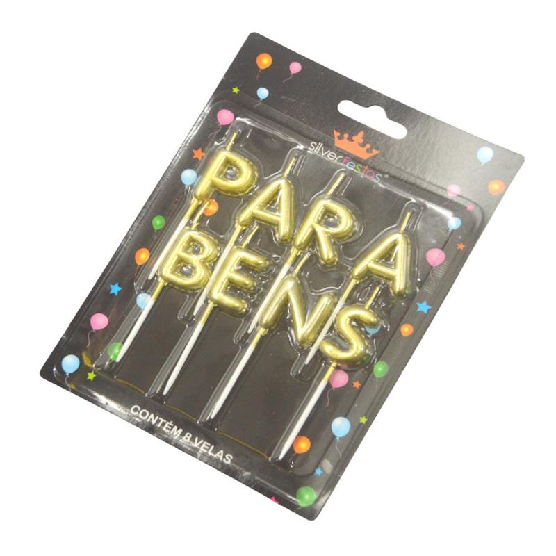 Vela Parabéns Dourada Ref. V163 2.5cm Silver Festas (8 Peças)