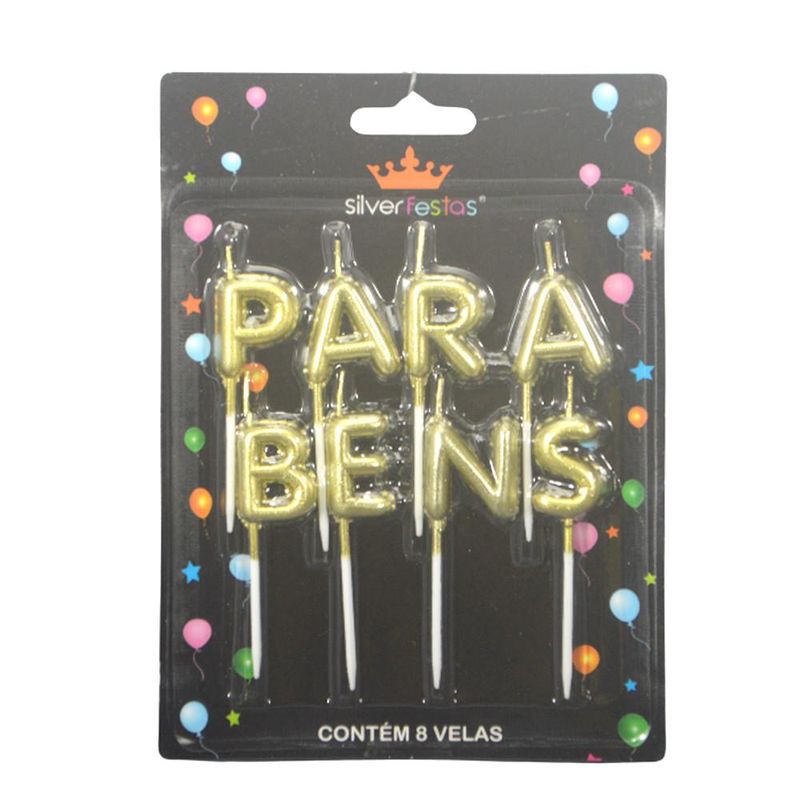 Vela Parabéns Dourada Ref. V163 2.5cm Silver Festas (8 Peças)