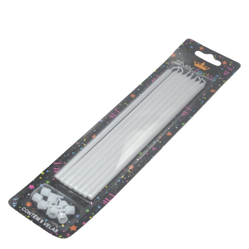 Vela Palito Gigante Metalizada Branca 17cm Silver Festas (08 unidades)