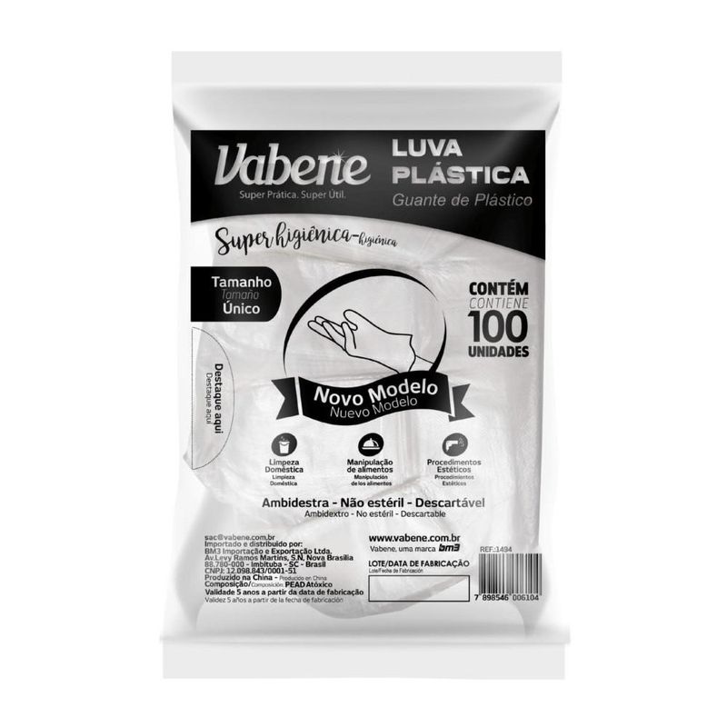 Luvas de Segurança Plástica Descartável Ref. 1494 Vabene (100 unidades)