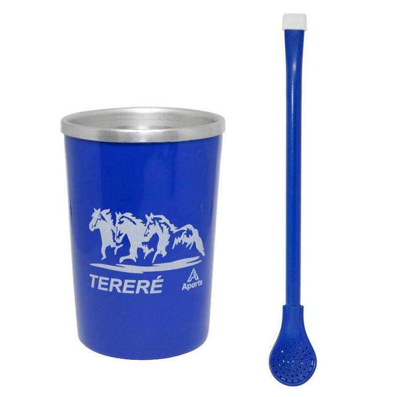 Kit Copo com Bomba de Alumínio/Plástico para Tereré Azul Ref. HA-201AZ Aports (01 unidade)