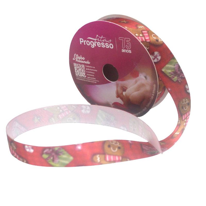 Fita de Cetim ECF 003TR 15mm Cor 098 Biscoitos de Natal Progresso (10 metros)