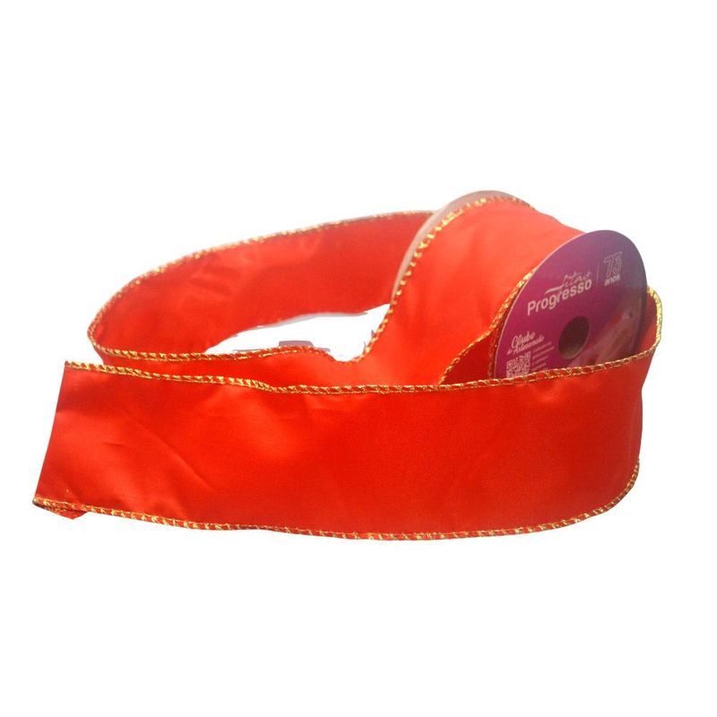 Fita de Cetim CC004 63mm Cor 209 Natal Aramada Vermelha Borda Dourada Progresso (10 metros)