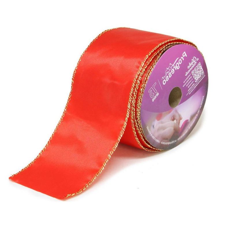 Fita de Cetim CC004 63mm Cor 209 Natal Aramada Vermelha Borda Dourada Progresso (10 metros)