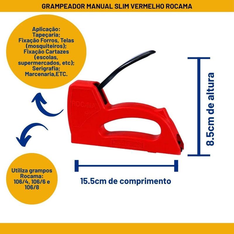 Grampeador Manual para Tapeceiro Hobby Slim Vermelho Rocama (01 unidade)