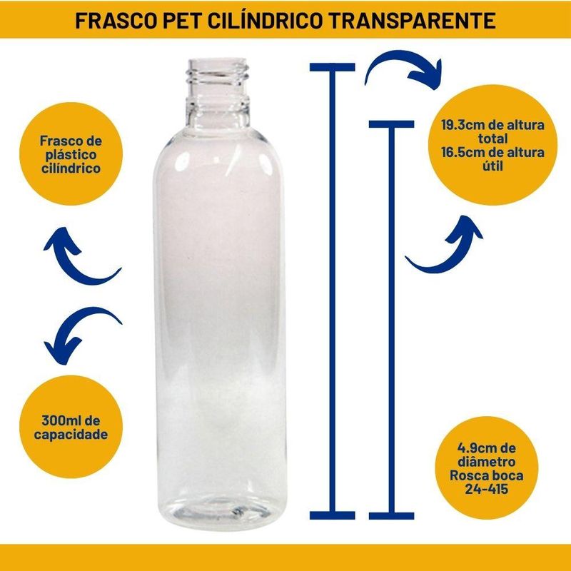 Frasco PET Cilíndrico Incolor 300ml Rosca 24-415 Premium Plastic (01 unidade)