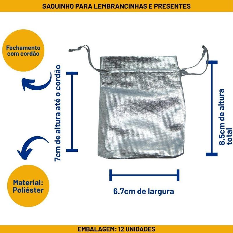 Saquinho de Poliéster Metalizado Prata 7x9cm Ref. SS7-J Comercial Wei (12 unidades)