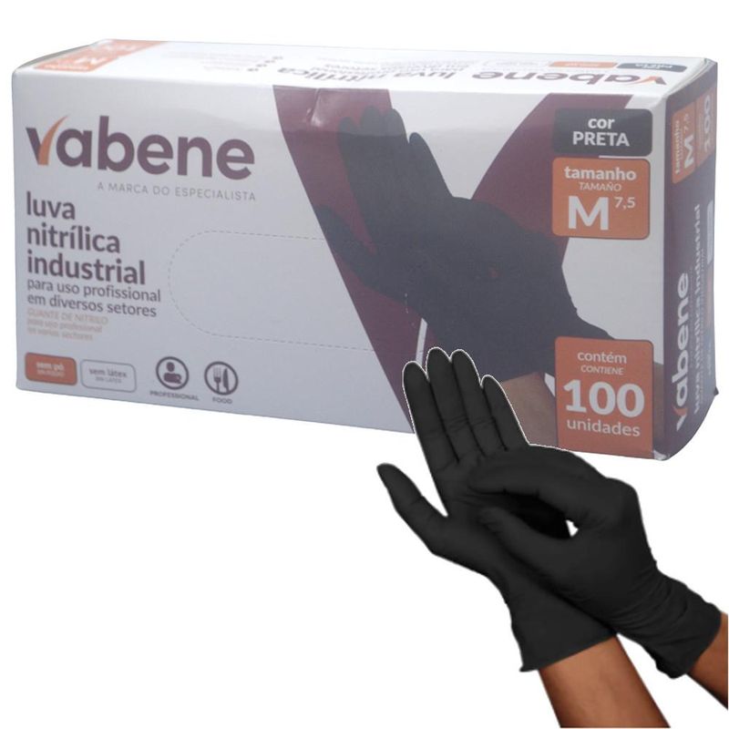 Luvas de Segurança Nitrílicas Industrial Sem Pó M 7.5" Preta Ref. 3072 IND Vabene (100 unidades)