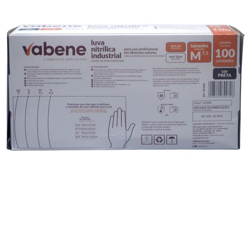 Luvas de Segurança Nitrílicas Industrial Sem Pó M 7.5" Preta Ref. 3072 IND Vabene (100 unidades)