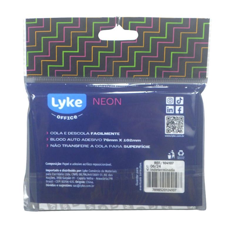 Bloco Autoadesivo Neon 76mm x 102mm Lyke (100 folhas)